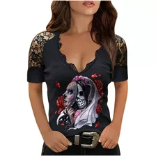 E4 Mujer Camisa Mujer Calavera Estampado Manga Corta Pullov