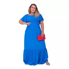 Vestido Longo Azul Plus Size Babado Moda Blogueira 46ao54