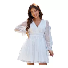 Vestido Blanco Corto Manga Transparen Encaje Elegante Formal