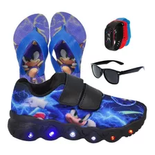 Tênis Led Infantil Sonic Luzinha + Chinelo + Óculos+ Relógio