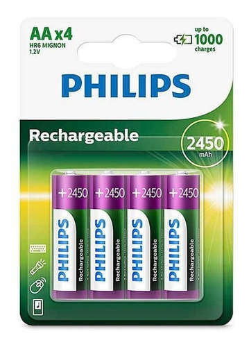 Pilhas Aa Recarregável Philips 2450mah C/ 4 Unidades + Nf-e