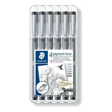 Caneta Fineliner Staedtler Pigment Liner 4 Canetas+2 Tinta Preta Exterior Preto