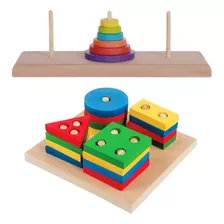 Kit Jogos Educativo Torre Hanói + Encaixe Formas Geométrica 