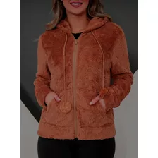 Casaco De Inverno Feminina Pelinho Ziper Capuz C/ Pompom