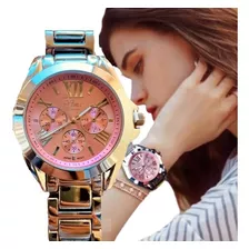 Reloj Little Diamond Mujer Contra Agua Inoxidable Color De La Correa Plata Color Del Bisel Plata Color Del Fondo Rosa