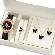 Relógio Feminino Preto Luxo + Kit 4 Acessórios Borboleta Cor Do Bisel Dourado