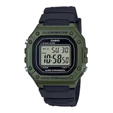 Reloj Pulsera Casio Youth W-218h De Cuerpo Color Verde, Digital, Para Hombre, Fondo Gris, Con Correa De Resina Color Negro, Dial Negro, Minutero/segundero Negro, Bisel Color Verde, Luz Ámbar Y Hebilla