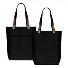 Ecobag Lona Colorida Alça De Couro Bolso Frontal 2pçs Preto