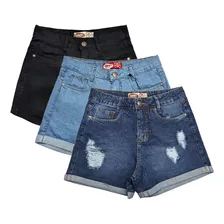 Kit Com 3 Shorts Jeans Femininos Cintura Alta Bamborra