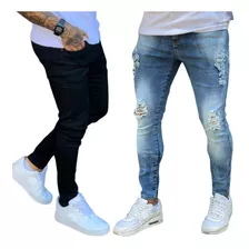 Kit 2 Calça Jeans Skinny Masculina Rasgada Estica Muito Nfe