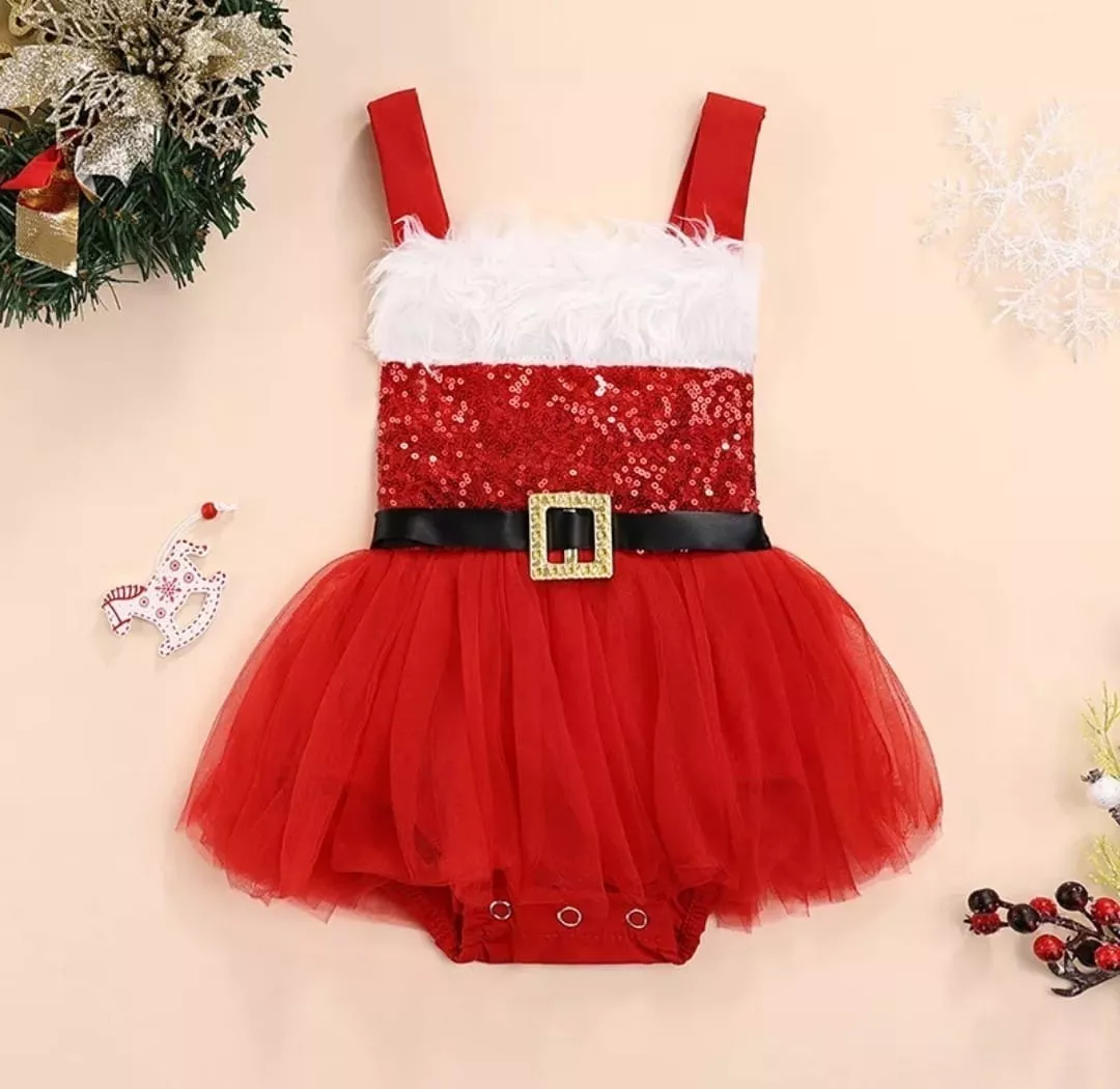 Romper Vestido Natal Luxo Com Tule Mesversario Bebe Menina