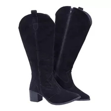 Bota Western Country Feminino Cano Longo Preto Salto Baixo