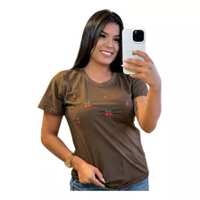 Blusa Camiseta Feminina T-shirt Bordado Cereja Luxo Blogueir