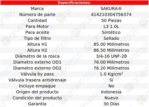 Caja De 50 Filtros Para Aceite Sinttico Focus L3 1.0l 15/19 Foto 2