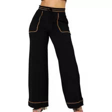 Calça Pantalona Feminina Com Bolso Cintura Alta Larga Estica