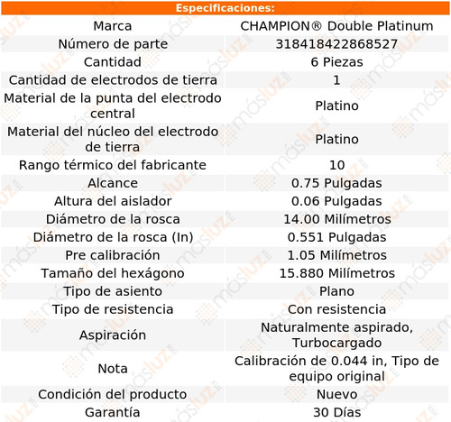 Set 6 Bujas Doble Platino 3000gt V6 3.0l 91/99 Champion Foto 2