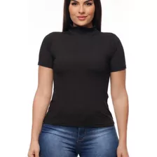 Blusa T Shirt Feminina Canelada Gola Alta Manga Curta