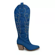 Bota Feminina Western Jeans Bordada