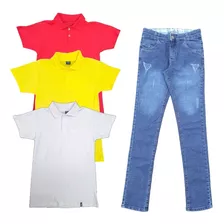 Kit 3 Polo + Calça Jeans Infantil Juvenil Masculina Promoção