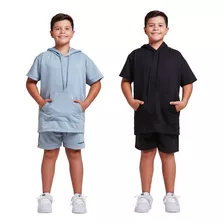 Kit 2 Conjuntos Infantis Moletinho Bermuda E Camisa Canguru