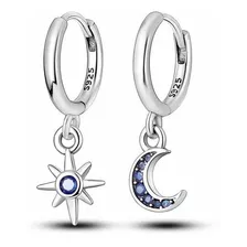 Aretes Plata S925, Luna Y Estrella, Pavé De Zirconias, Hoops