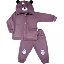 Conjunto Bebê Plush Capuz Bordado Inverno Menina 1 2 3