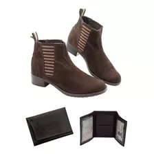 Bota Feminina Búfalo Chelsea + Carteira Mini Couro Marrom