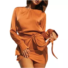 Vestido De Manga Larga Suave Con Cuello Redondo Para Mujer,