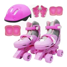 Patins Infantil 4 Rodas Roller Girl Com Kit De Proteção Rosa