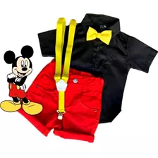 Conjunto Infantil Mickey Camisa Social Bermuda Susp Gravata