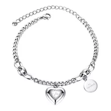 Pulsera Personalizada Grabado Corazon 3d Acero Titanio Color Plata Diámetro 18 Cm