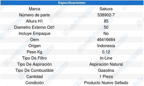 Filtro Combustible Fiat Palio L4 1.6l 14-16 Sakura 8640949 Foto 2