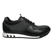 Liquida Zapatilla Hombre Cuero Negro Y Text Base Goma Bi