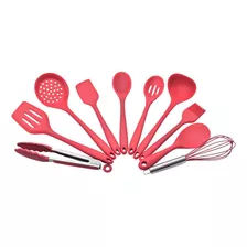 Jogo 10 Peças Utensílios Talheres De Silicone P/ Cozinha Cor Vermelho