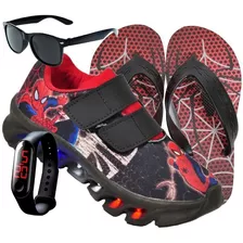 Tênis Infantil Led Homem Aranha + Chinelo + Óculos + Relógio