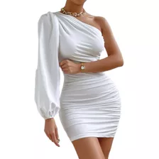 Vestido Corto Fruncido Ajustado Con Manga Blanco Talla L