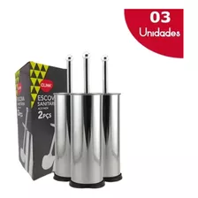 Kit 3 Escova Para Banheiro Vaso Com Cabo De Inox E Suporte