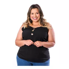 Blusa Botões Lisa Plus Size Regata Alça Larga Kit 2 Peças