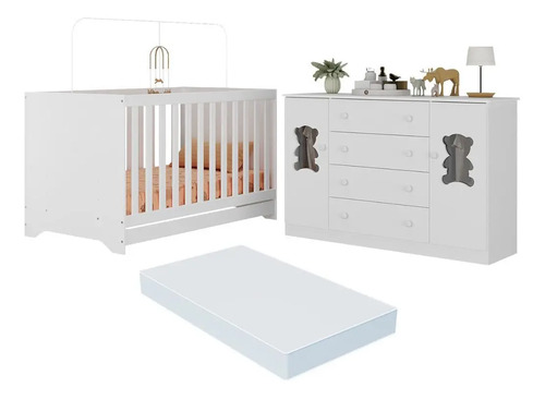 Berço Americano 3 Em 1 Com Colchão Incluso E Cômoda 2 Portas 4 Gavetas Teddy Multimóveis Mp4735 Branco
