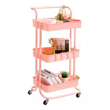 Carrito Auxiliar Organizador Metalic De 3 Niveles Con Ruedas Color Rosado