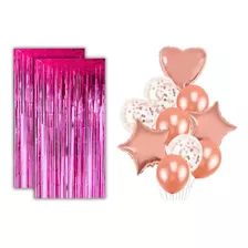 2 Cortinas Metalizadas E 10 Balões Coração Estrela Rosa Pink