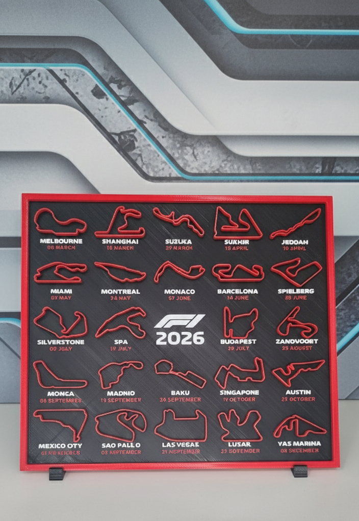 Cuadro Calendario F1 2026 Circuitos Relieve 3d Decoración Rojo