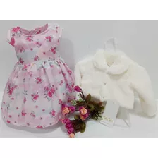 Kit Vestido + Bolero Pelo Longo Bebe Menina Enxoval Luxo 341