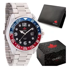 Relógio Masculino Quebec Pulseira De Aço Lindo C/ Carteira Cor Da Correia Prateado Cor Do Bisel Azul E Vermelho Cor Do Fundo Preto