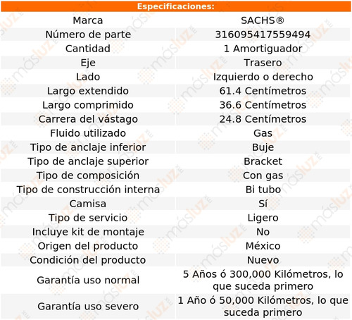 1) Amortiguador Tras Izq/der K2500 Suburban 92/99 Sachs Foto 2