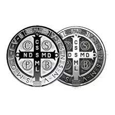2 Adesivos Medalha De São Bento Metal E Prata 10cm