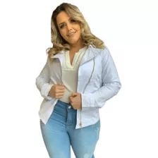 Jaqueta Jeans Branca Feminina Com Zíper Lateral