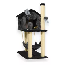 Casa Com Rede Arranhador Gatos Playground Brinquedos Sisal Cor Cinza