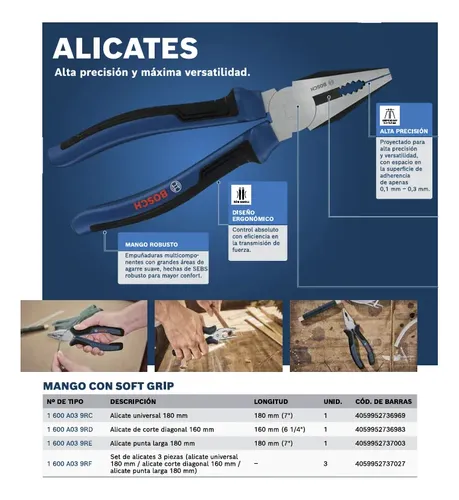 Alicate Corte Oblicuo Bosch 6 1/4 PuLG 160mm Soft Grip