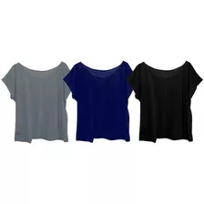 Kit 3 Blusas Blusinha Feminina Plus Size Ombro A Ombro Gola Canoa Escolha As Cores Preto Cinza Branco Vermelho Azul Pink